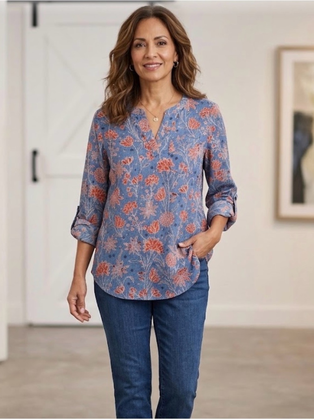 Chico's Blue Floral Notch-Neck Tunic with Coral Accents size 0